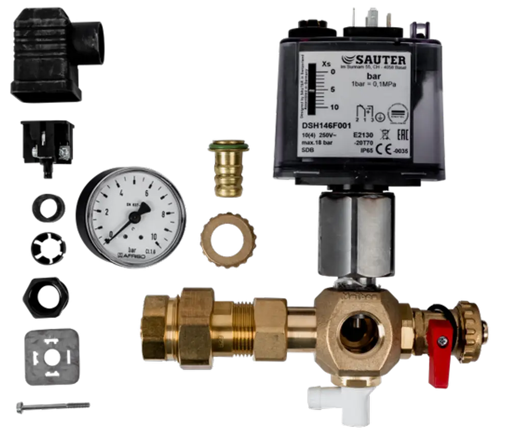 Maximaldruckbegrenzer von Wolf mit verschiedenen Komponenten, darunter ein Manometer, Ventil, Elektromagnet und Anschlussstücke.